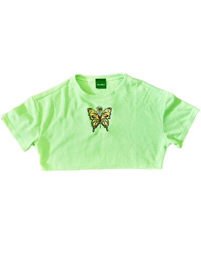 Crop Shirt Mint Green With Short Sleeves Beautiful Butterfly Embroidery