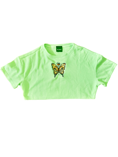 Crop Shirt Mint Green With Short Sleeves Beautiful Butterfly Embroidery