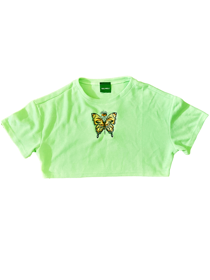 Crop Shirt Mint Green With Short Sleeves Beautiful Butterfly Embroidery